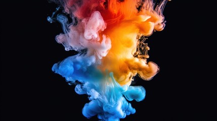 Abstract Colorful Ink Swirls in Water, Vibrant Hues of Blue, Orange, and Red Dye Creating a Mesmerizing Artistic Composition Against a Black Background