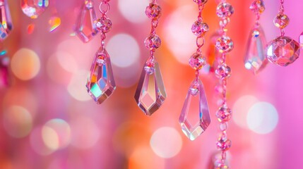 Pink Crystal Dripping Elegance: A Close-Up of Sparkling Pink Crystal Beads and Pendants Hanging Against a Blurred Pink and Orange Background