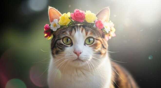 A tabby cat with a white chest stares intensely, adorned with a vibrant floral crown in the garden - Powered by Adobe