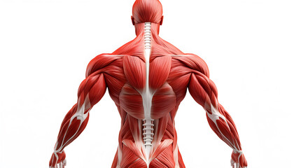 Detailed anatomical model of human back muscles, illustrating musculature for science, biology education