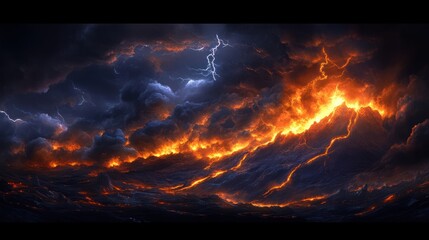 Fiery Inferno: A Volcanic Landscape Under a Thunderous Sky