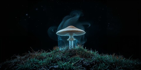 A single mushroom glowing with a blue aura on a grassy mound against a dark and mysterious background