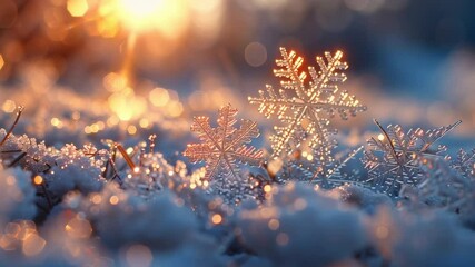 Close up of shimmering snowflakes and ice crystals on snow at sunset. Winter season and holiday mood background footage. - Powered by Adobe