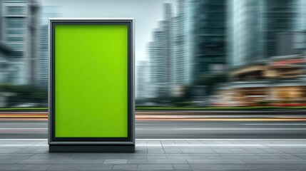 Blank billboard stands on a busy urban street, surrounded by modern architecture and city life during the day