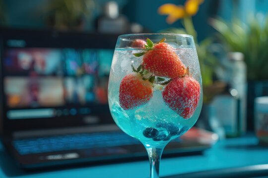 Zoom Party. Virtual Happy Hour with People Enjoying Gin and Tonic on Video Call