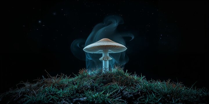 A single mushroom glowing with a blue aura on a grassy mound against a dark and mysterious background