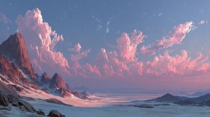 Surreal alien landscape features floating mountains under a glowing pink sky with shimmering air and unique technology integration