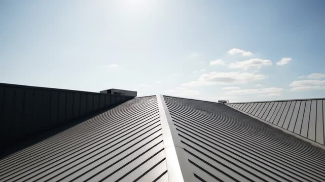 Modern architecture video featuring a sleek metal roof under a bright sky with scattered clouds