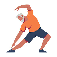 Elderly man stretching with enthusiasm in sportswear on a white background