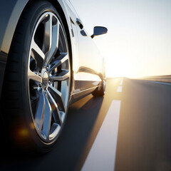 Car wheel in motion on the road at night.