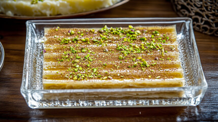 Sweet dessert with pistachios and cocoa on a clear glass plate. Delicious homemade Middle Eastern sweets, perfect for any celebration.