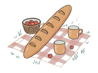 Picnic setup with a baguette, cups, and a basket of cherries on a checkered blanket