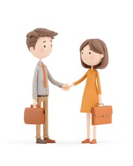 3D cartoon business meeting with man and woman shaking hands, isolated white background