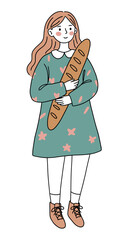 Cheerful girl holding a baguette in a floral dress with a playful mood