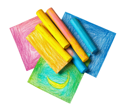 Vibrant colorful chalk pastels scattered on textured paper squares with a simple yellow crescent moon drawing on a transparent background isolated on transparent background