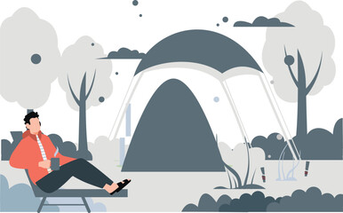 The man enjoying tea while sitting next to his camp