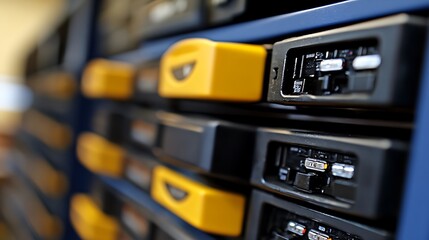 Close-up of server racks with yellow and black components.
