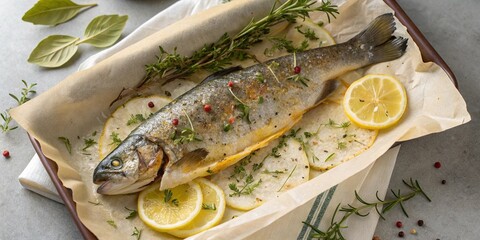 Trout baked with herbs and lemon, on parchment.