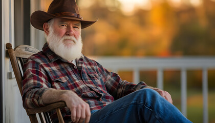 Elderly man with grey hair, beard sits on wooden rocking chair on porch. Wears hat, plaid shirt, smiling contentedly. Blurred