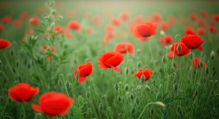 Obraz premium Vibrant Field of Red Poppies in Gentle Sunlight