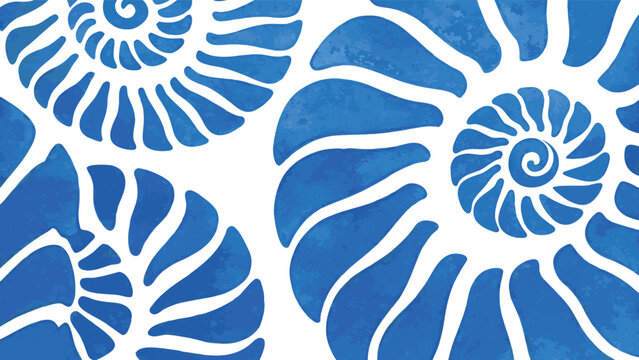 Illustration of three blue ammonite fossils with spiral shells on a white background design art work