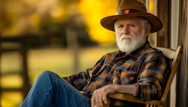Elderly man with grey hair, beard sits on wooden rocking chair on porch. Wears hat, plaid shirt, smiling contentedly. Blurred - Powered by Adobe