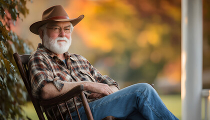 Elderly man with grey hair, beard sits on wooden rocking chair on porch. Wears hat, plaid shirt, smiling contentedly. Blurred