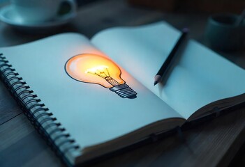 Idea Illuminated: A Light Bulb Sketch in an Open Notebook
