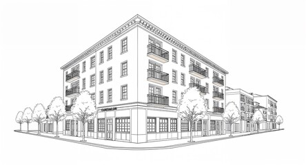 Street facing side of apartment building line art hand drawing in plain white background