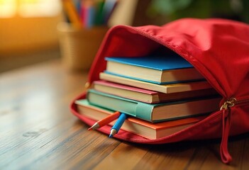 Red Backpack Filled with Colorful School Books