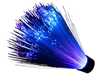 Angled Close-Up of Fiber Optic Light Display in Dark Mode with Blue and Purple Glow, Isolated on Transparent Background