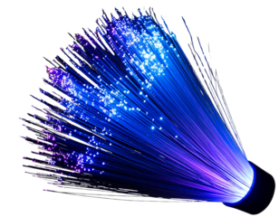 Angled Close-Up of Fiber Optic Light Display in Dark Mode with Blue and Purple Glow, Isolated on Transparent Background