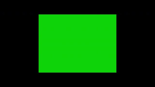 Horizontal VHS distortion overlay with a centered 4x3 frame. Green background inside the frame and alpha channel transparency outside, designed for retro analog video overlays.