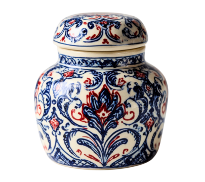 Traditional ceramic jar with ornate blue and red floral patterns isolated on transparent background