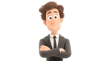 3D cartoon businessman with arms crossed and confident smile, isolated white background