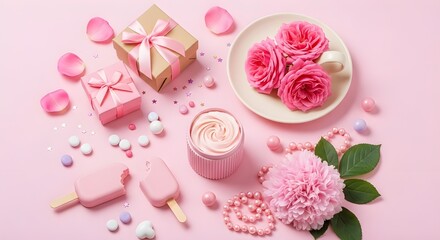 Pink themed gift set with roses, treats, and beauty cream