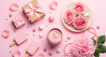Pink themed gift and sweet food arrangement on pink background