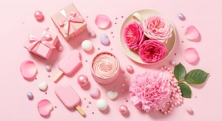 Pink themed floral arrangement with gifts and sweets