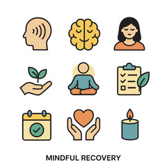 Mindful recovery icons set: meditation, mental health, self-care, checklist, gratitude, growth