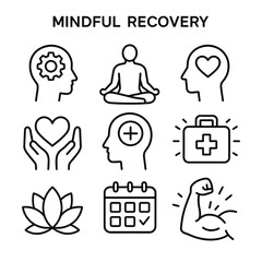 Mindful recovery outline icons set,Set of icons for mental health, wellness, and mindful recovery
