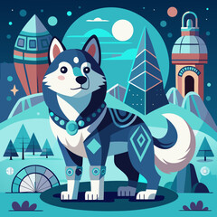 Fototapeta premium Enchanting Husky graphic in a stylized arctic landscape, perfect for logo design, mascot creation, or captivating pet-themed designs.
