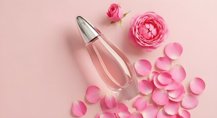 Pink themed gift box, roses, sweet treats, and cosmetic cream on pink background