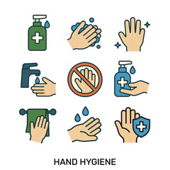 Hand hygiene flat colorful icons set: washing, sanitizer, clean hands, faucet, towel, disinfection, prevention