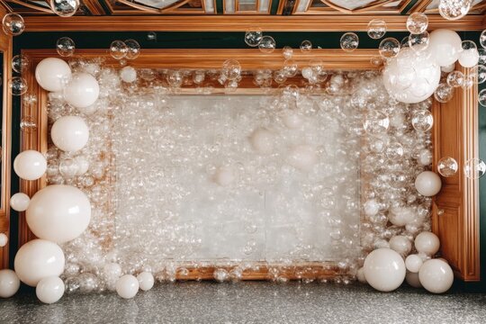 Elegant white and clear balloons decor on ornate ceiling wall in luxurious interior