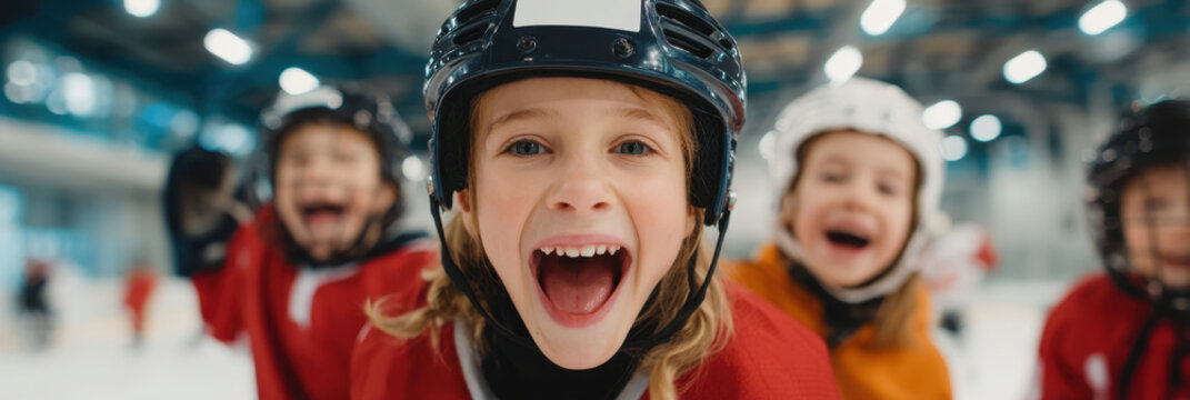 Kids celebrating goal on ice rink with joyful expressions
