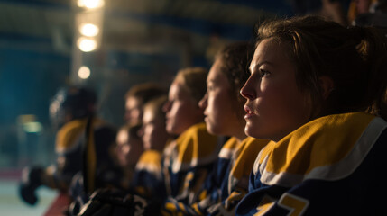 Hockey team on bench showing camaraderie and focus
