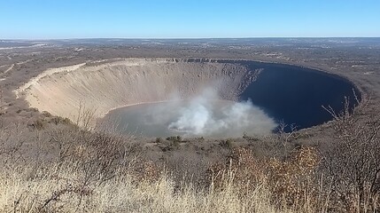 A large, circular crater lake in a dry, arid landscape.