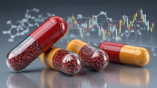Close-Up of Red and Yellow Pharmaceutical Capsules with Molecular Structures and Stock Market Graph Highlighting Trends in Modern Drug Industry