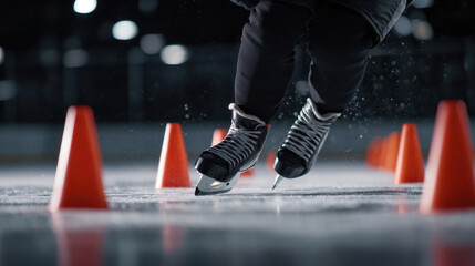 Ice skater practicing agility with cones on rink