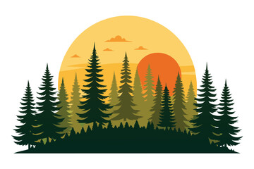 Silhouette forest with glowing sun